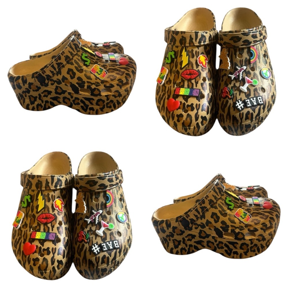 CROCS Leopard Print Platform Clogs with Jibbitz Charms